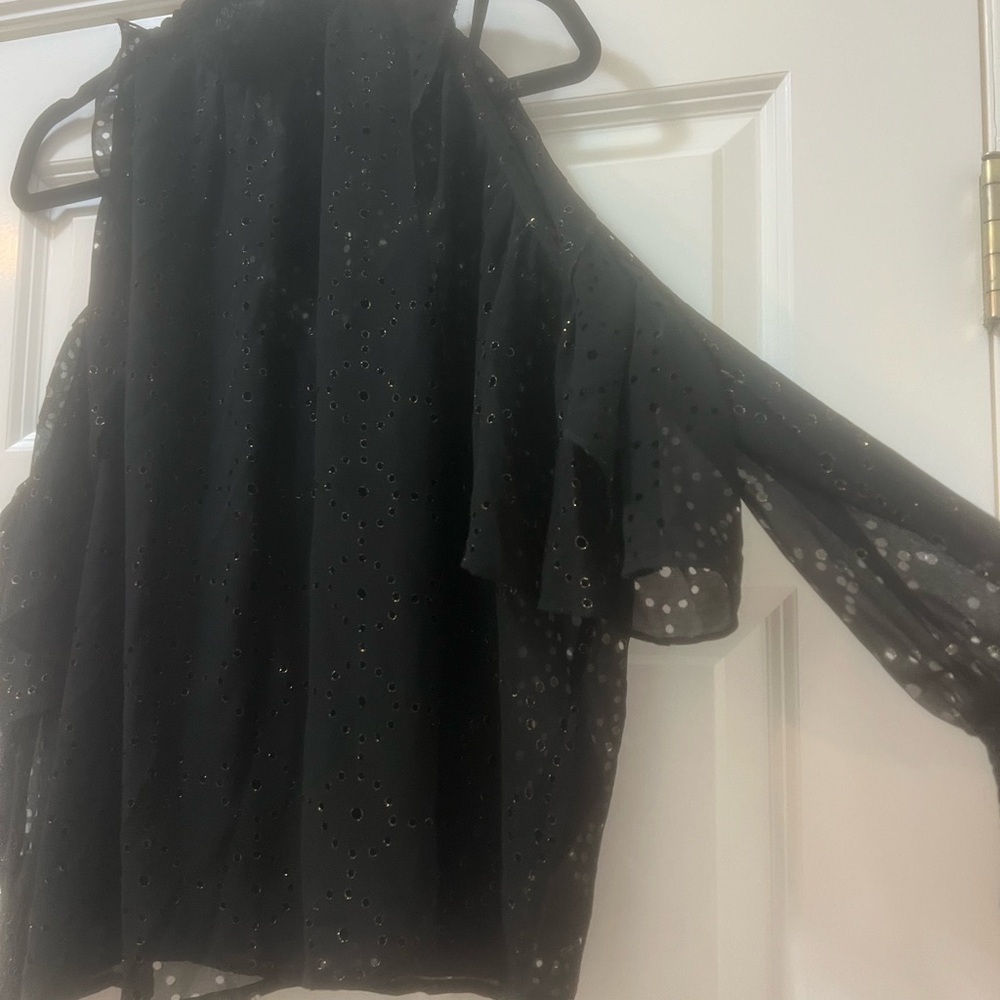 MAJE black laser cut ruffled metallic crepe blouse. Size 2 (equal to size 6) NWT - Picture 3 of 8